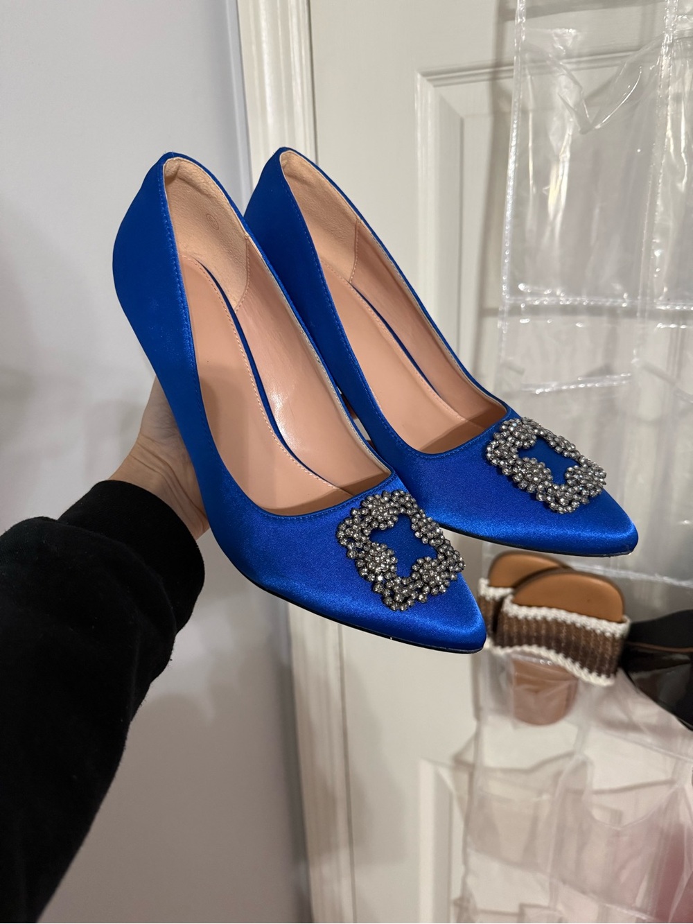 Blue Satin Pointed Toe Heels with Crystal Buckle